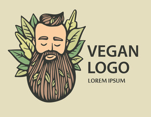 Eco nature logo. Hipster head with blooming beard with leafs on white background. Hand-Drawn Vector Illustration. Bearded man emblem for eco products.