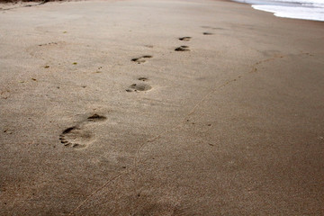 Barefoot walking footprints in the beach sand near the sea wave