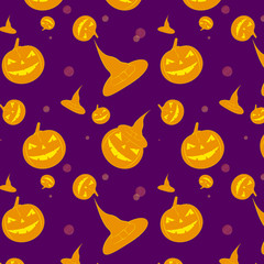 Halloween pattern on purple background. Pumpkin, hat, magic. Eps10 vector