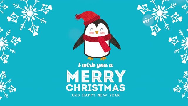 happy merry christmas card with little penguin
