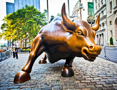 NEW YORK CITY - AUG 3: The landmark Charging Bull in Lower Manhattan represents aggressive financial optimism and prosperity August 3, 2012 in New York, NY.