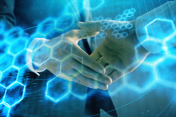 Fototapeta na wymiar Double exposure of tech drawing on abstract background with two men handshake. Concept of technology in modern business