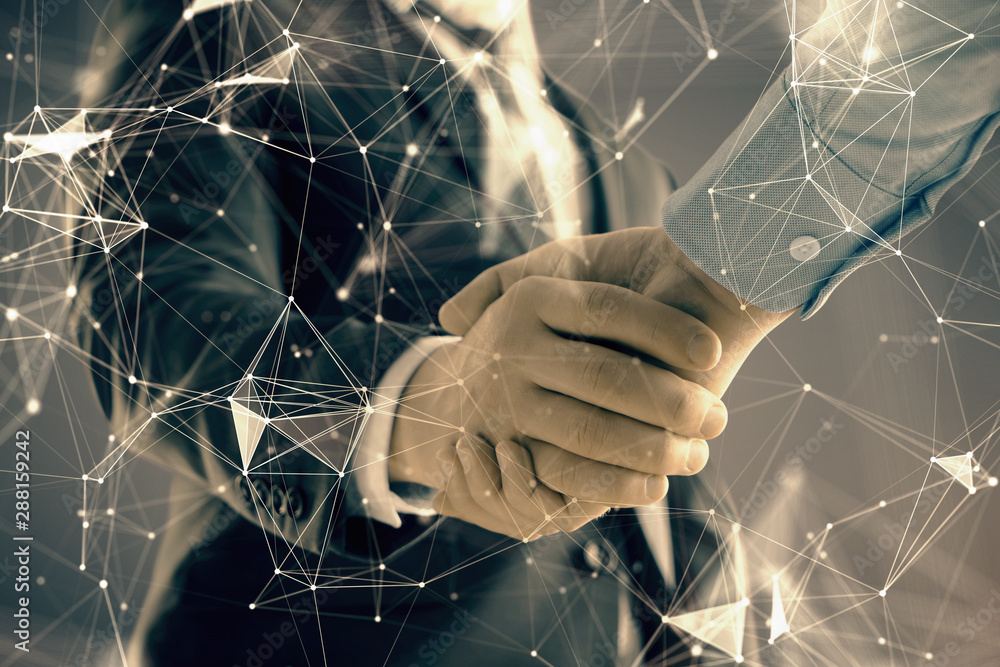 Poster double exposure of tech drawing on abstract background with two men handshake. concept of technology