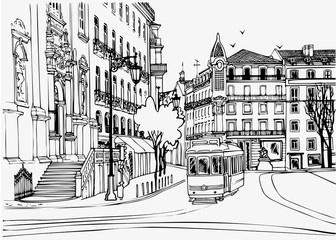 Old Square in the center of Lisbon with an old tram. Ancient European city. Urban landscape sketch. Hand drawn style. Line art. Black and white vector illustration on white.