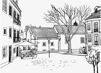 Romantic view of the old square with the old houses. Ancient European city. Urban landscape sketch. Hand drawn style. Line art. Black and white vector illustration on white