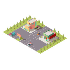 New car selling dealership center, automobile salon, vehicle store showroom buildings with car going on road, parked on parking area isolated isometric vector. City commercial real estate illustration