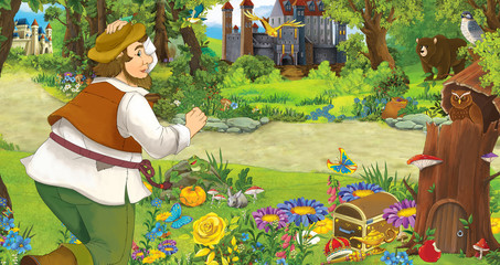 Obraz na płótnie Canvas cartoon scene with older man farmer or hunter in the forest encountering two castles - illustration for children