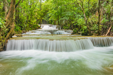 Huai Mae Khamin Waterfalls in Tropical Rainforest at Kanchanaburi Province, Thailand
