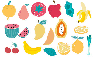 Cute fresh fruit object collection with cherry, spring onion, banana, apple,mango,papaya illustration for icon,logo,sticker,printable