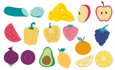 Cute fresh fruit object collection with yellow pepper, tomato, banana, apple,onion,avocado illustration for icon,logo,sticker,printable