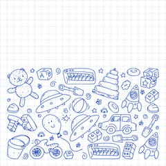 Vector pattern with kindergarten, toy children. Happy children illustration. Drawing a pen on a notebook in a Squared notebook.