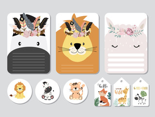 Pastel printable with fox,giraffe,zebra,lion,llama in safari style.with wording wild and free, birthday, party © piixypeach