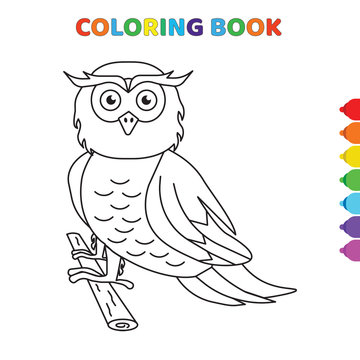 cute cartoon owl standing on wood coloring book for kids. black and white vector illustration for coloring book. owl standing on wood concept hand drawn illustration