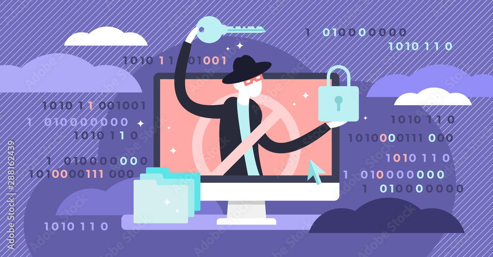 Aufkleber hacker vector illustration. flat tiny virtual web criminal persons concept.