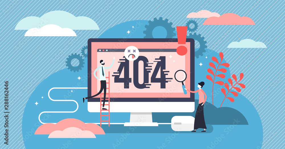 Poster error 404 vector illustration. flat tiny website mistake persons concept.