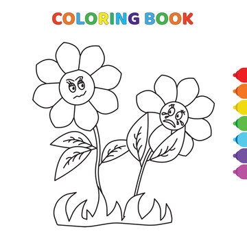 cute cartoon two happy sunflower flowers coloring book for kids. black and white vector illustration for coloring book. two happy sunflower flowers concept hand drawn illustration