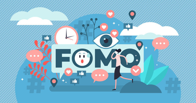 FOMO vector illustration. Tiny fear of missing out anxiety persons concept.