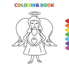 cute cartoon happy angel takes heart in hand coloring book for kids. black and white vector illustration for coloring book. happy angel takes heart in hand concept hand drawn illustration