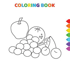 cute cartoon fruit such as apple, tomatoes,cherry, grapes coloring book for kids. black and white vector illustration for coloring book. fruit such as apple, tomatoes,cherry, grapes concept hand