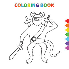 Obraz premium cute cartoon fighter animal with sword in hand coloring book for kids. black and white vector illustration for coloring book. fighter animal with sword in hand concept hand drawn illustration