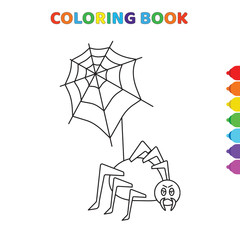 cute cartoon spider with web coloring book for kids. black and white vector illustration for coloring book. spider with web concept hand drawn illustration