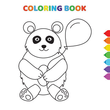 cute cartoon panda takes air balloons in hand coloring book for kids. black and white vector illustration for coloring book. panda takes air balloons in hand concept hand drawn illustration