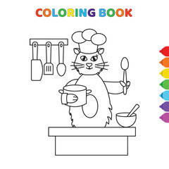 cute cartoon chef cat taking spoons and pot in a kitchen coloring book for kids. black and white vector illustration for coloring book. chef cat taking spoons and pot in a kitchen concept hand drawn