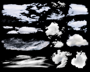 Set of cumulus and cirrus clouds isolated on black background