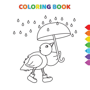 cute cartoon chick with unbrella in a rainy day coloring book for kids. black and white vector illustration for coloring book. chick with unbrella in a rainy day concept hand drawn illustration