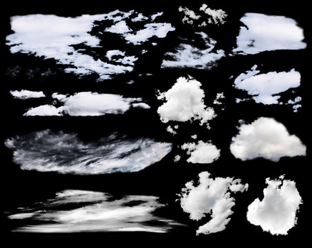 Set Of Cumulus And Cirrus Clouds Isolated On Black Background