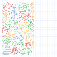 Vector pattern with kindergarten, toy children. Happy children illustration. Drawing a colorful pen on a notebook in a Squared notebook.