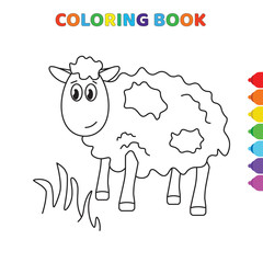 cute cartoon sheep eating grass coloring book for kids. black and white vector illustration for coloring book. sheep eating grass concept hand drawn illustration