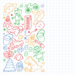 Vector pattern with kindergarten, toy children. Happy children illustration. Drawing a colorful pen on a notebook in a Squared notebook.