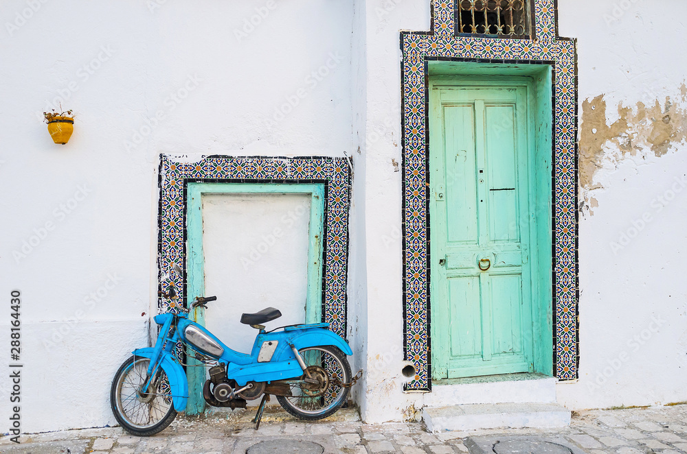 Poster The house entrance and parked motorcycle, Bizerte, Tunisia