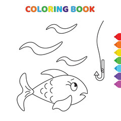 Obraz premium cute cartoon fish looking to a fishing rod coloring book for kids. black and white vector illustration for coloring book. fish looking to a fishing rod concept hand drawn illustration