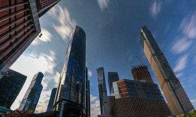 MOSCOW. RUSSIA - Septemer 5, 2019: Skyscrapers of Moscow city business center closeup. Moscow International Business Center also referred to as Moscow-City
