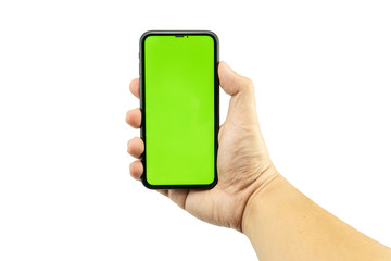 Man hand hold the phone with green screen isolated on white background