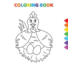 cute cartoon chicken sitting on a two eggs coloring book for kids. black and white vector illustration for coloring book. chicken sitting on a two eggs concept hand drawn illustration