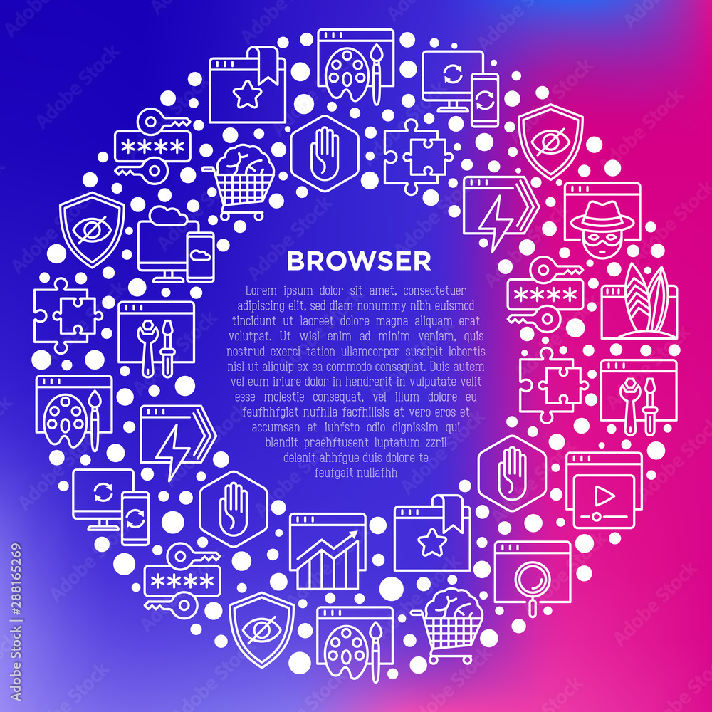 Poster browser concept in circle with thin line icons: add-ons, extension, customize browser, sync between 