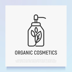 Fototapeta premium Organic cosmetics thin line icon: glass bottle with dispenser and leaf sign. Modern vector illustration for beauty shop.