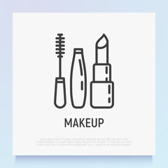 Makeup thin line icon: mascara and lipstick. Logo for makeup artist. Modern vector illustration.