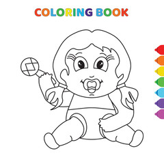 cute cartoon happy sitting baby girl coloring book for kids. black and white vector illustration for coloring book. happy sitting baby girl concept hand drawn illustration