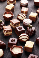 a lot of variety chocolate pralines, belgian confectionery gourmet chocolate.