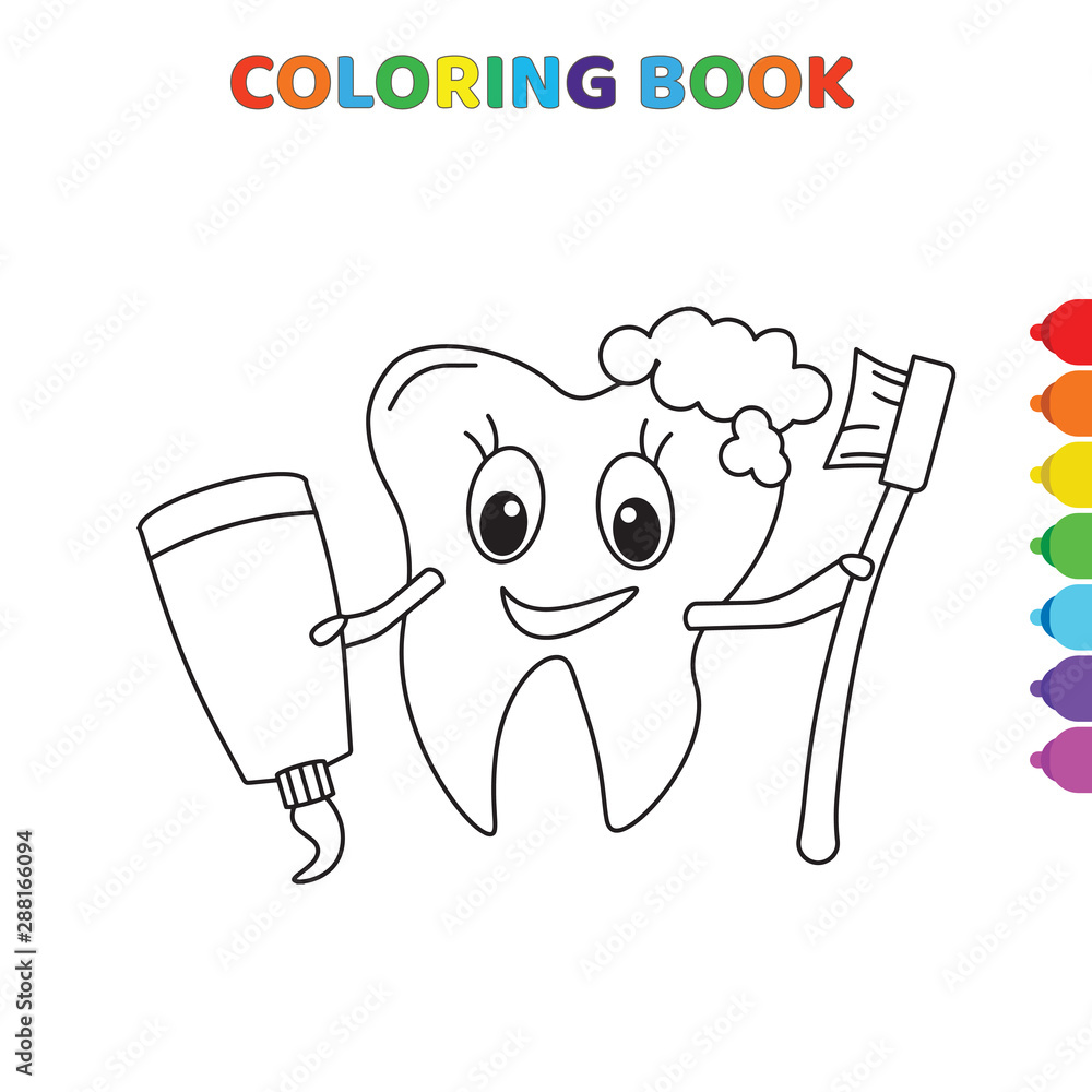 Wall mural cute cartoon happy smiling tooth with toothpaste and toothbrush coloring book for kids. black and white vector illustration for coloring book. happy smiling tooth with toothpaste and toothbrush