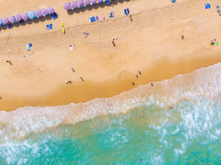 Aerial view sea wave white sand beach