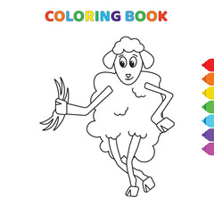 cute cartoon happy sheep eating grass coloring book for kids. black and white vector illustration for coloring book. happy sheep eating grass concept hand drawn illustration