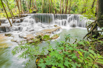 Huai Mae Khamin Waterfalls in Tropical Rainforest at Kanchanaburi Province, Thailand