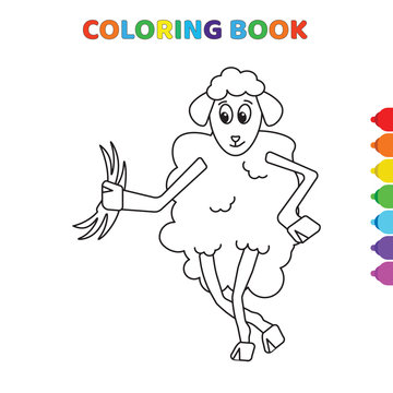 cute cartoon happy sheep eating grass coloring book for kids. black and white vector illustration for coloring book. happy sheep eating grass concept hand drawn illustration