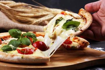 vegetarian italian Pizza with tomatoes, mozzarella cheese  and basil. Delicious italian pizza