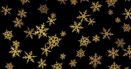 Golden snowflakes on black background. New year wallpaper. 3d render